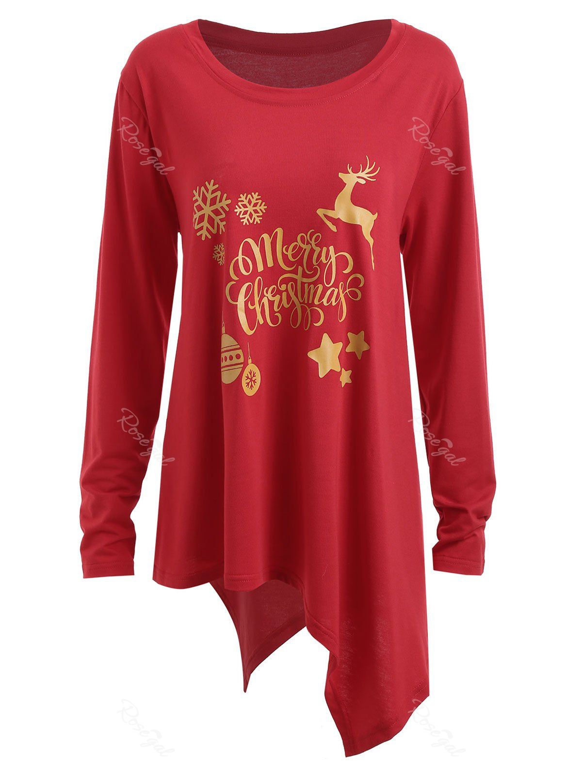 

Asymmetric Plus Size Christmas Deer Bell Graphic T-shirt, Red