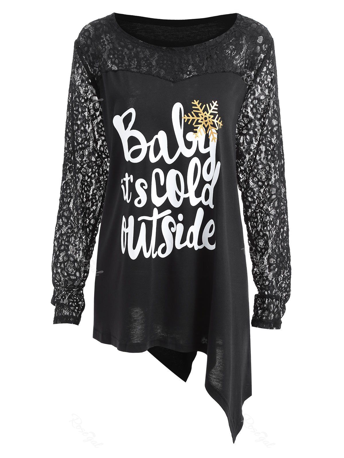 

Christmas Plus Size Letter Asymmetric Lace Sleeve T-shirt, Black