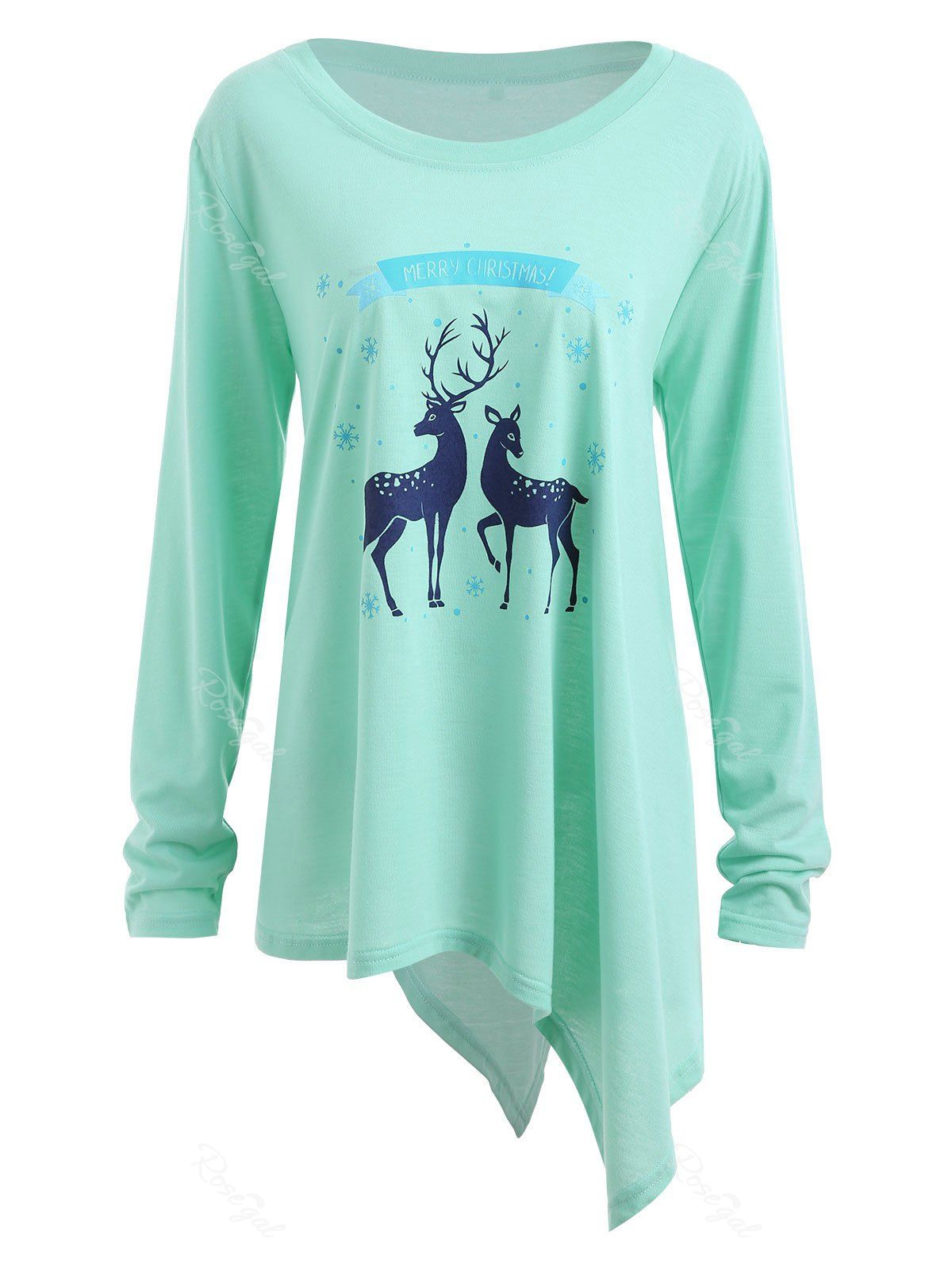 

Asymmetric Plus Size Christmas Deer Graphic T-shirt, Pistachio