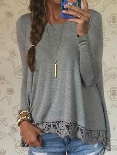 

Lace Hem Long Sleeve Tee, Gray