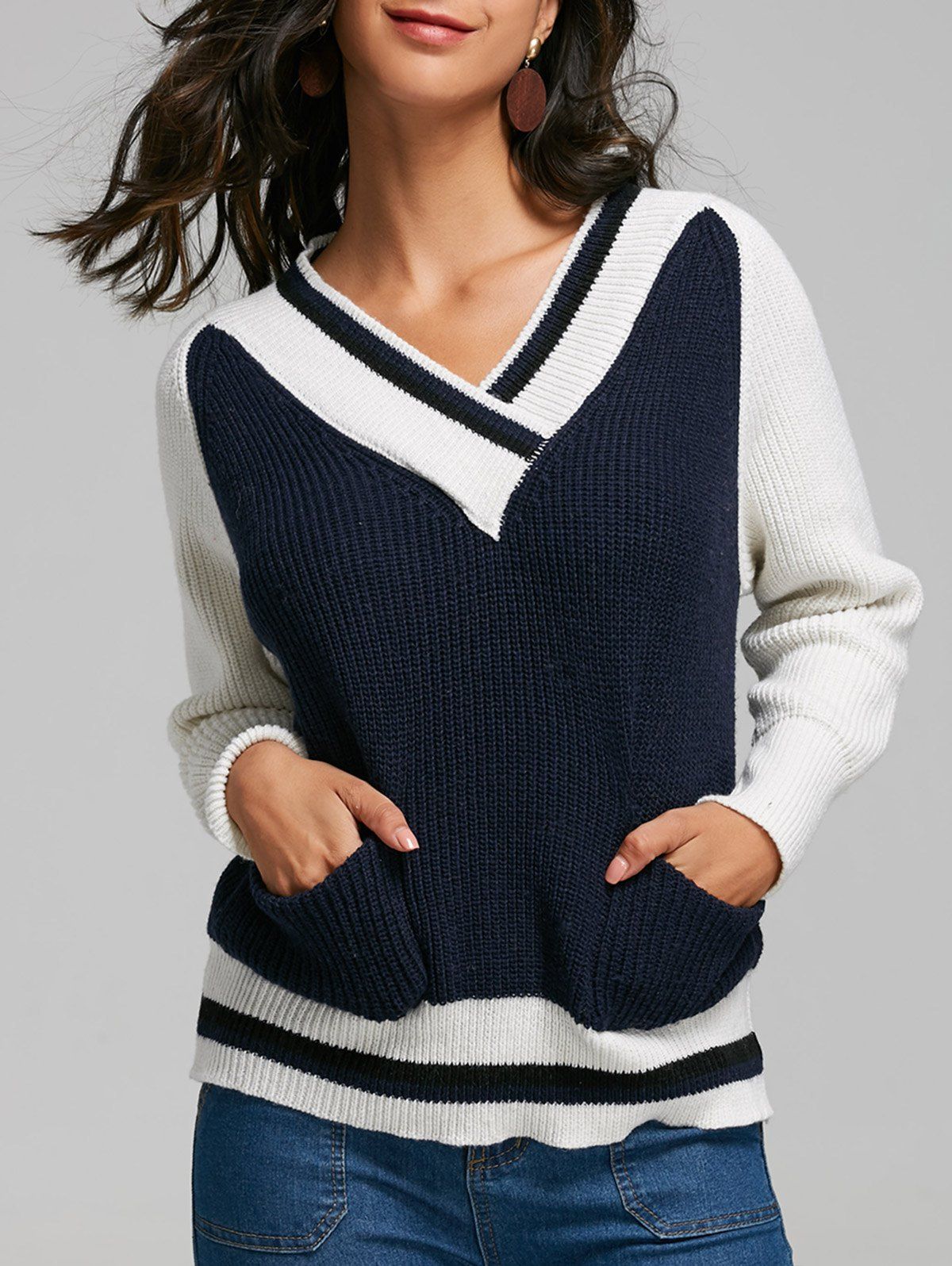 

Color Block V Neck Sweater with Pockets, Purplish blue