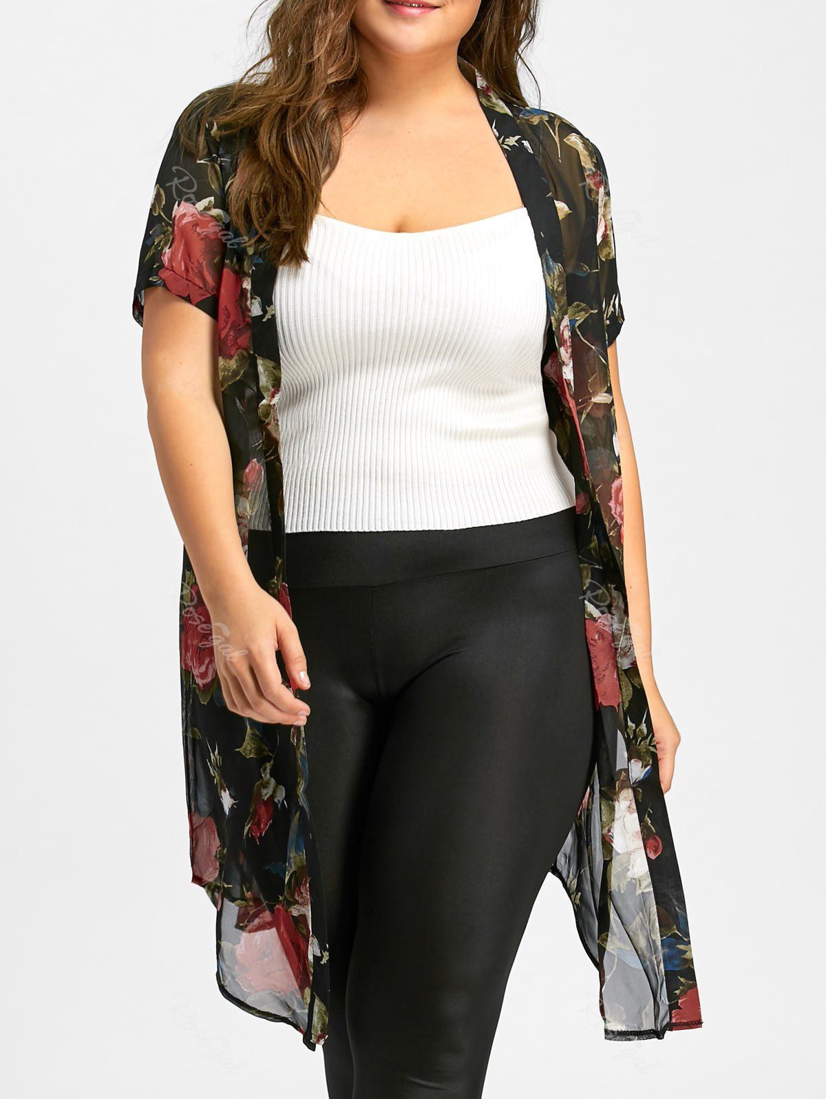 

Plus Size Long Floral Chiffon Collarless Kimono