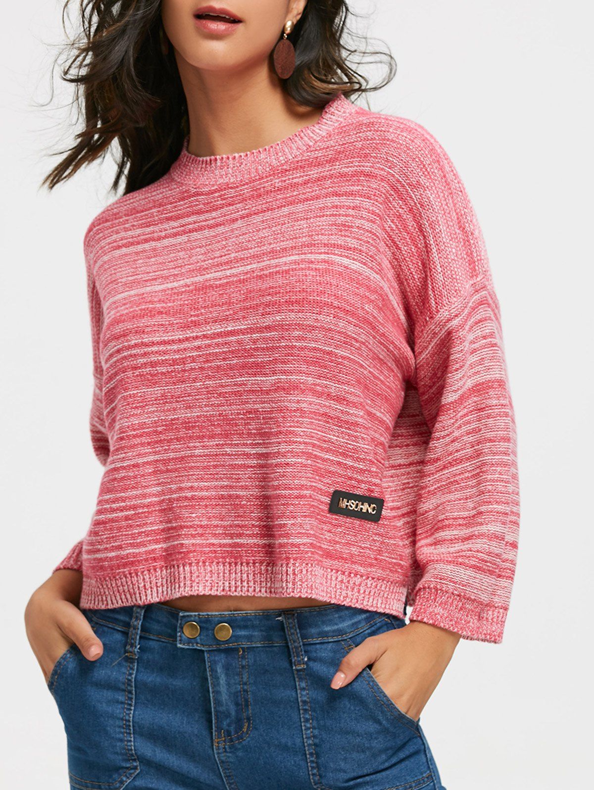 

Drop Shoulder Two Tones Short Sweater, Light red