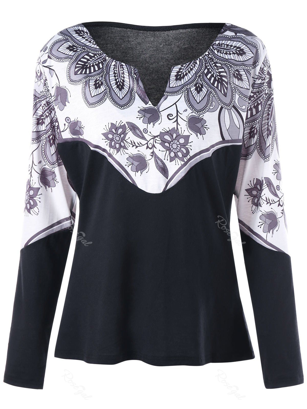 

Plus Size Printed Split Neck Long Sleeve Tee, White and black