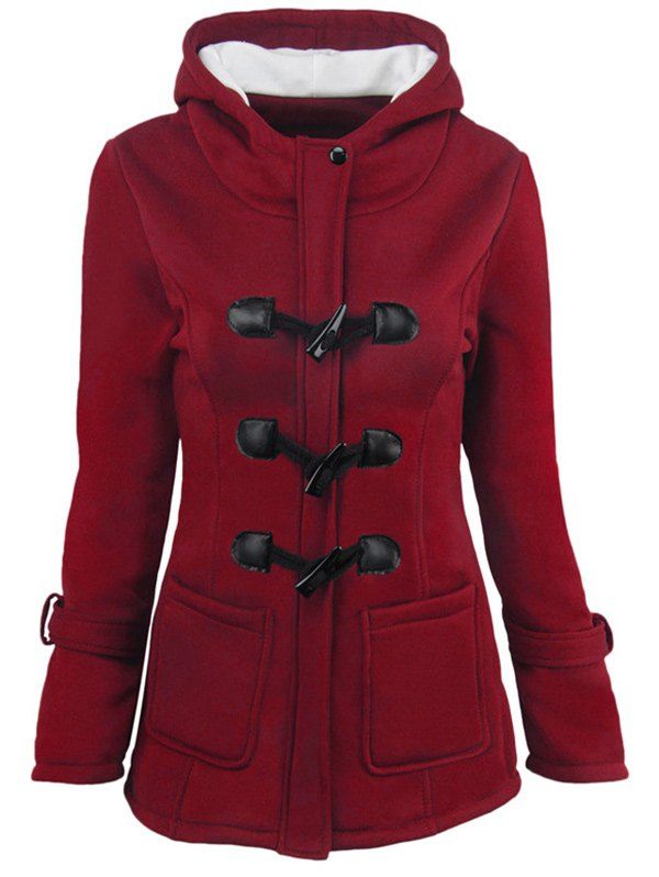 

Hooded Duffle Coat with Front Pockets, Wine red