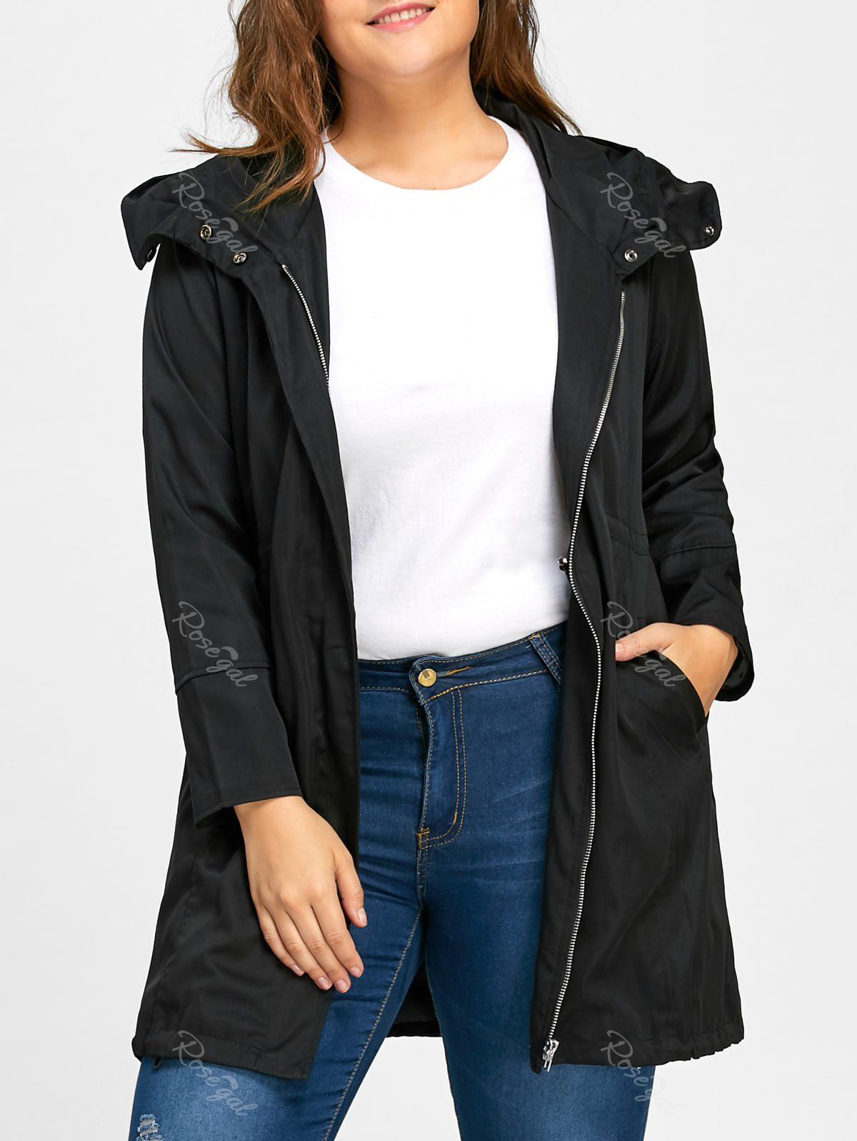 

Elastic Waist Plus Size Long Hooded Coat, Black