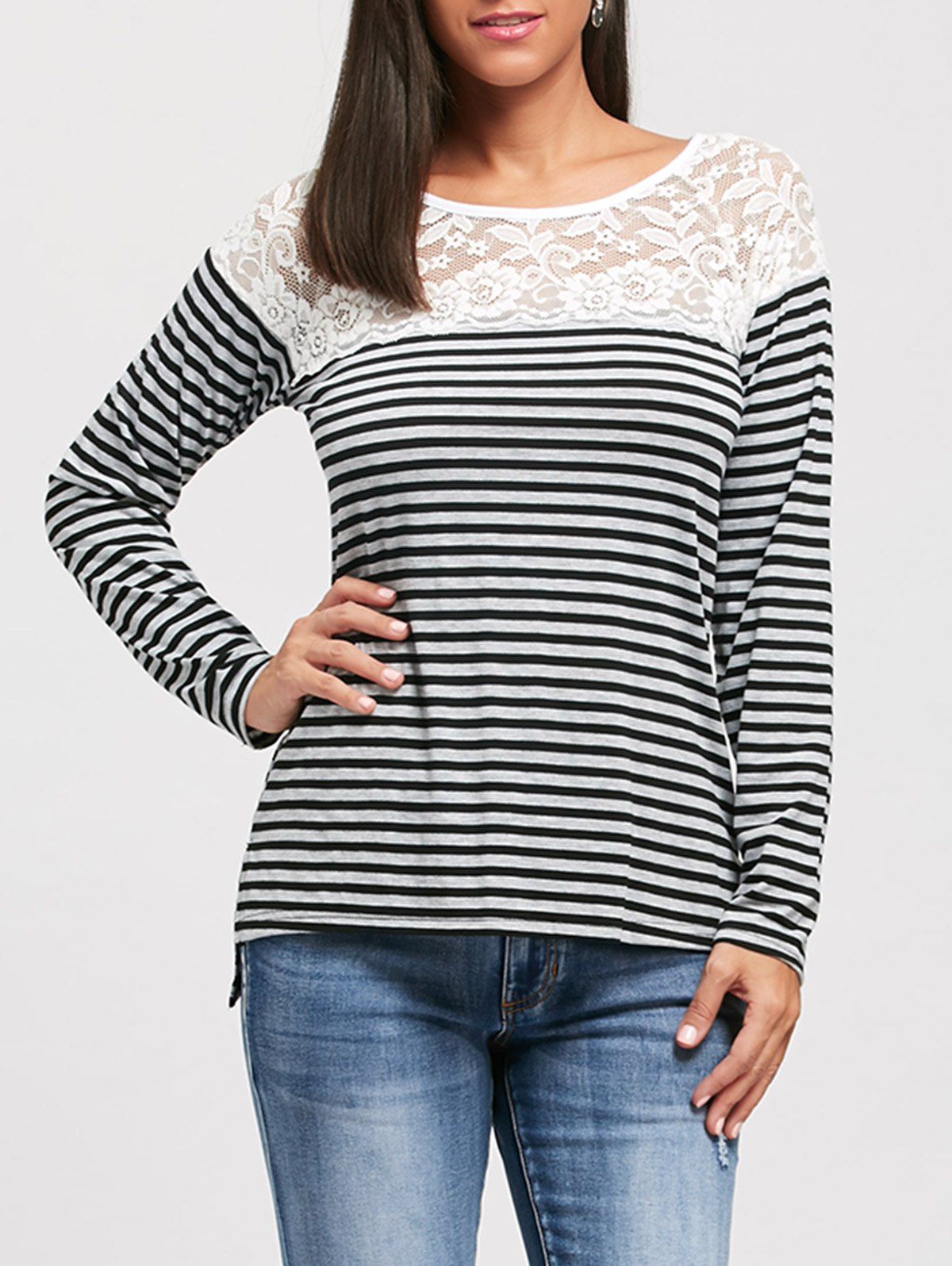 

Lace Panel Long Raglan Sleeve Stripe T-shirt, Black