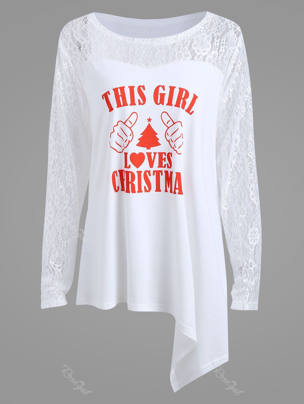 

Lace Sleeve Plus Size Love Christmas Asymmetric T-shirt, White