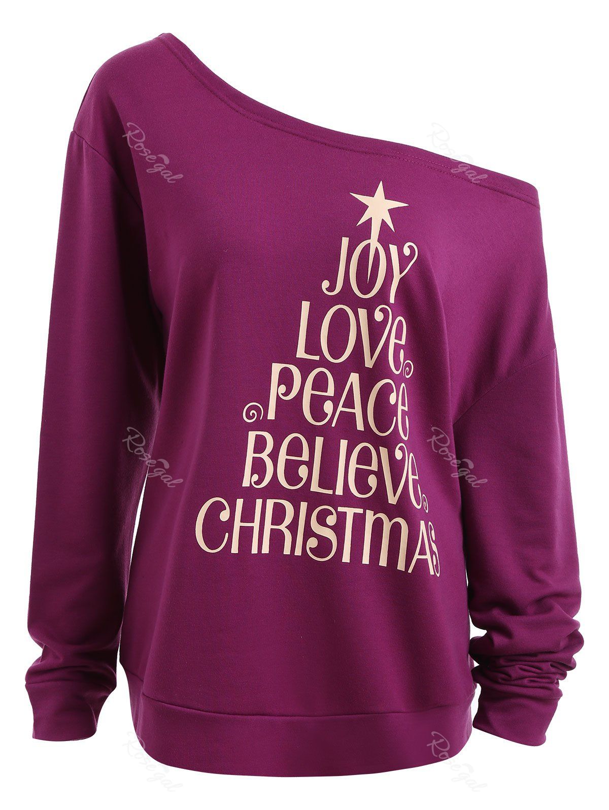 

Plus Size Joy Believe Christmas Tree Skew Neck Sweatshirt, Purple