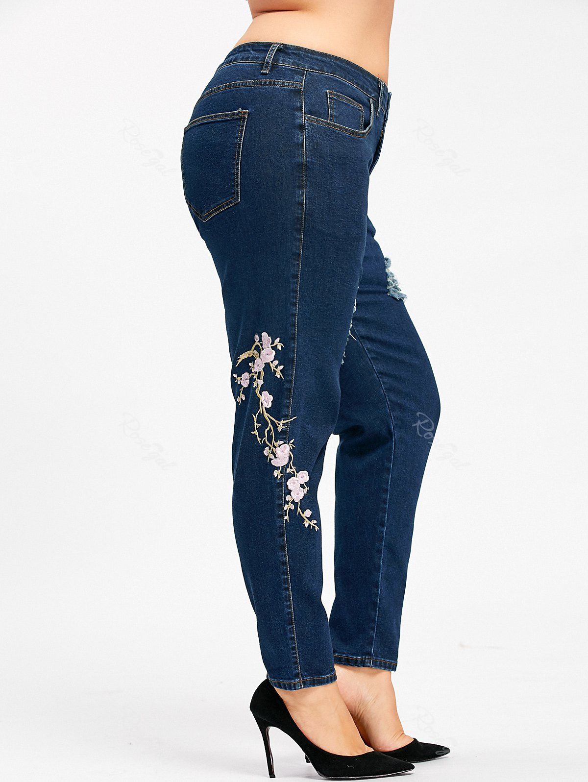 

Plus Size Zipper Floral Embroidered Jeans, Deep blue