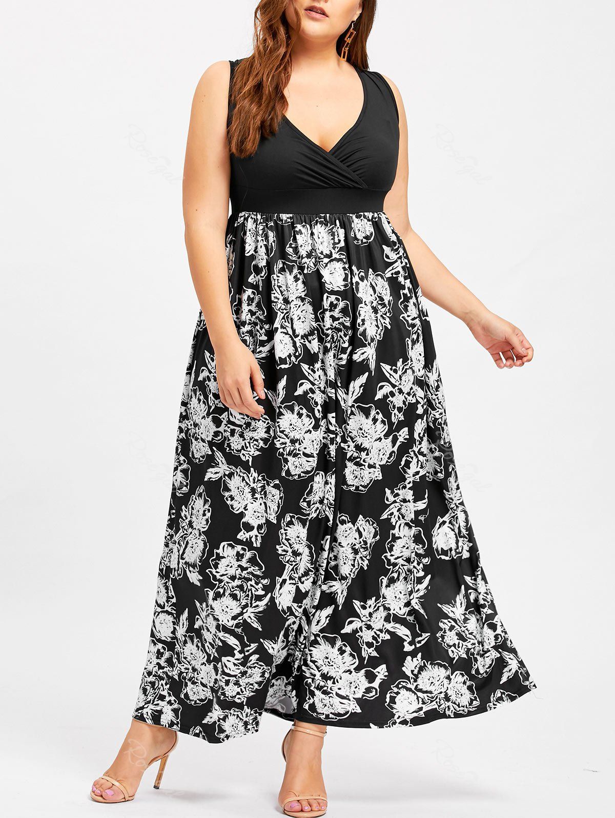 

Plus Size Surplice Low Cut Flower Dress, Black