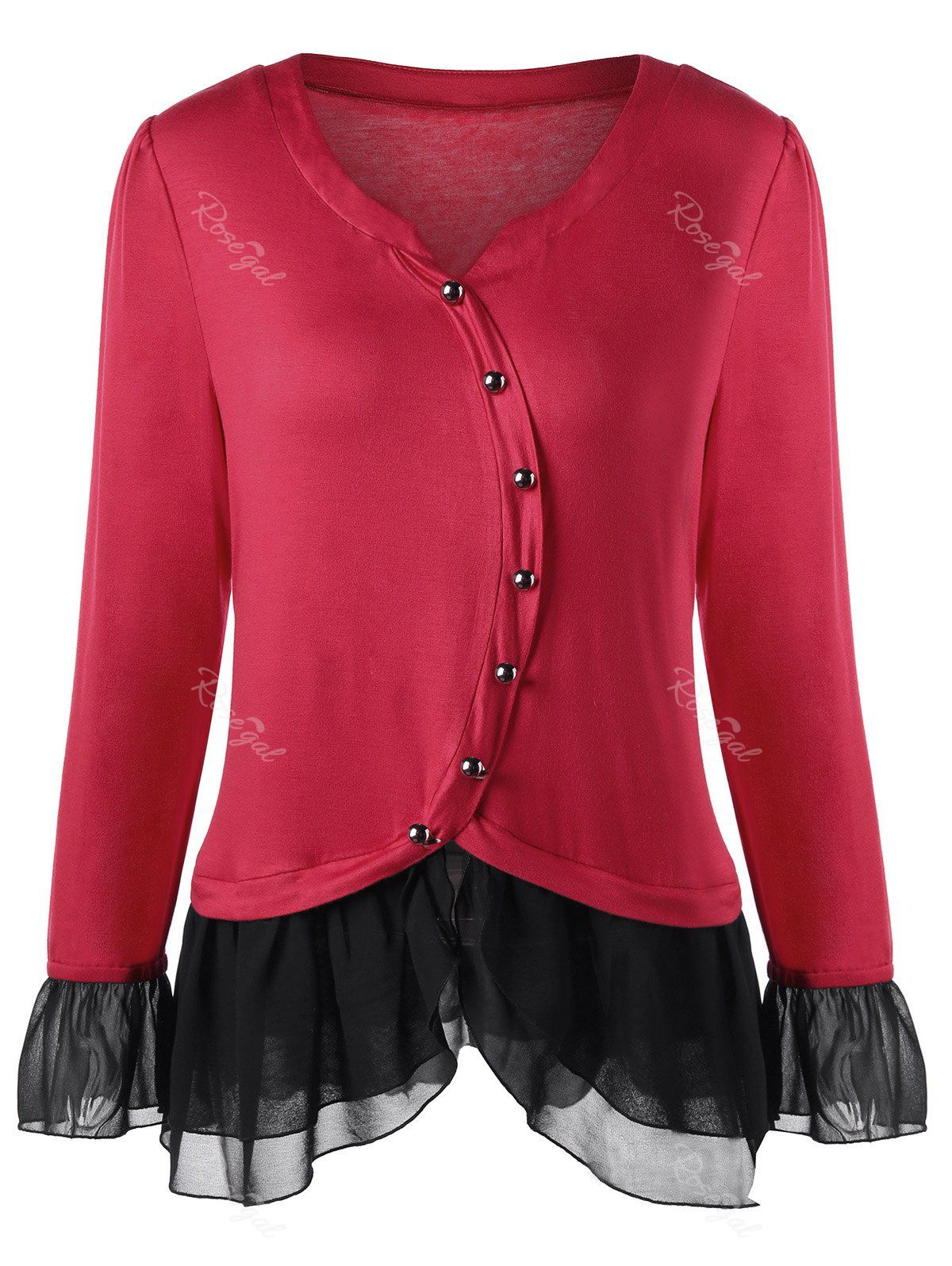

Plus Size Two Tone Button Detail Top, Red