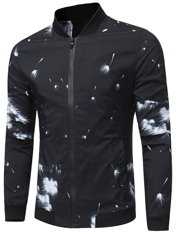 

Zip Up Dandelion Print Bomber Jacket, Black