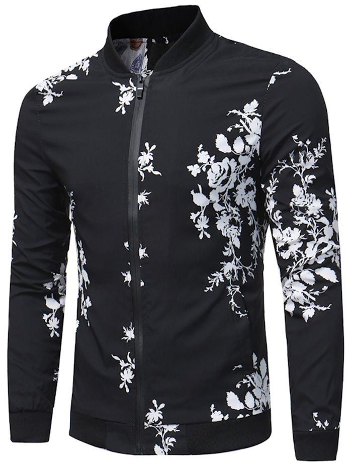 

Casual Zip Up Rose Pattern Bomber Jacket, Black