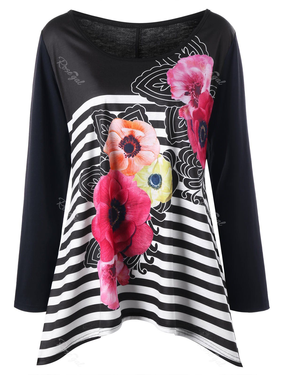 

Plus Size Striped Floral Long Sleeve Top, Black