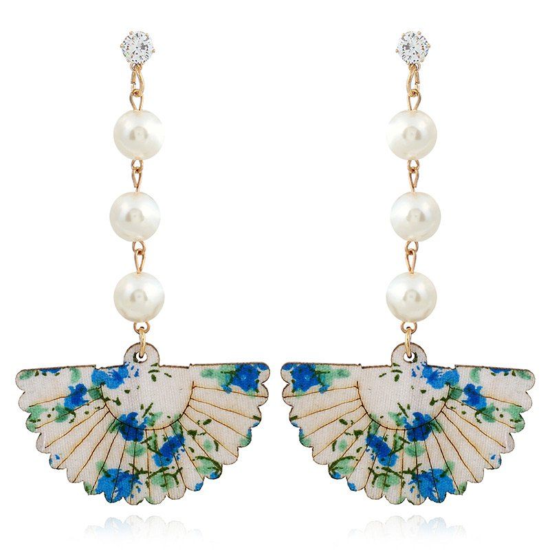 

Rhinestone Pearl Design Flower Fan Shape Drop Earrings, Blue