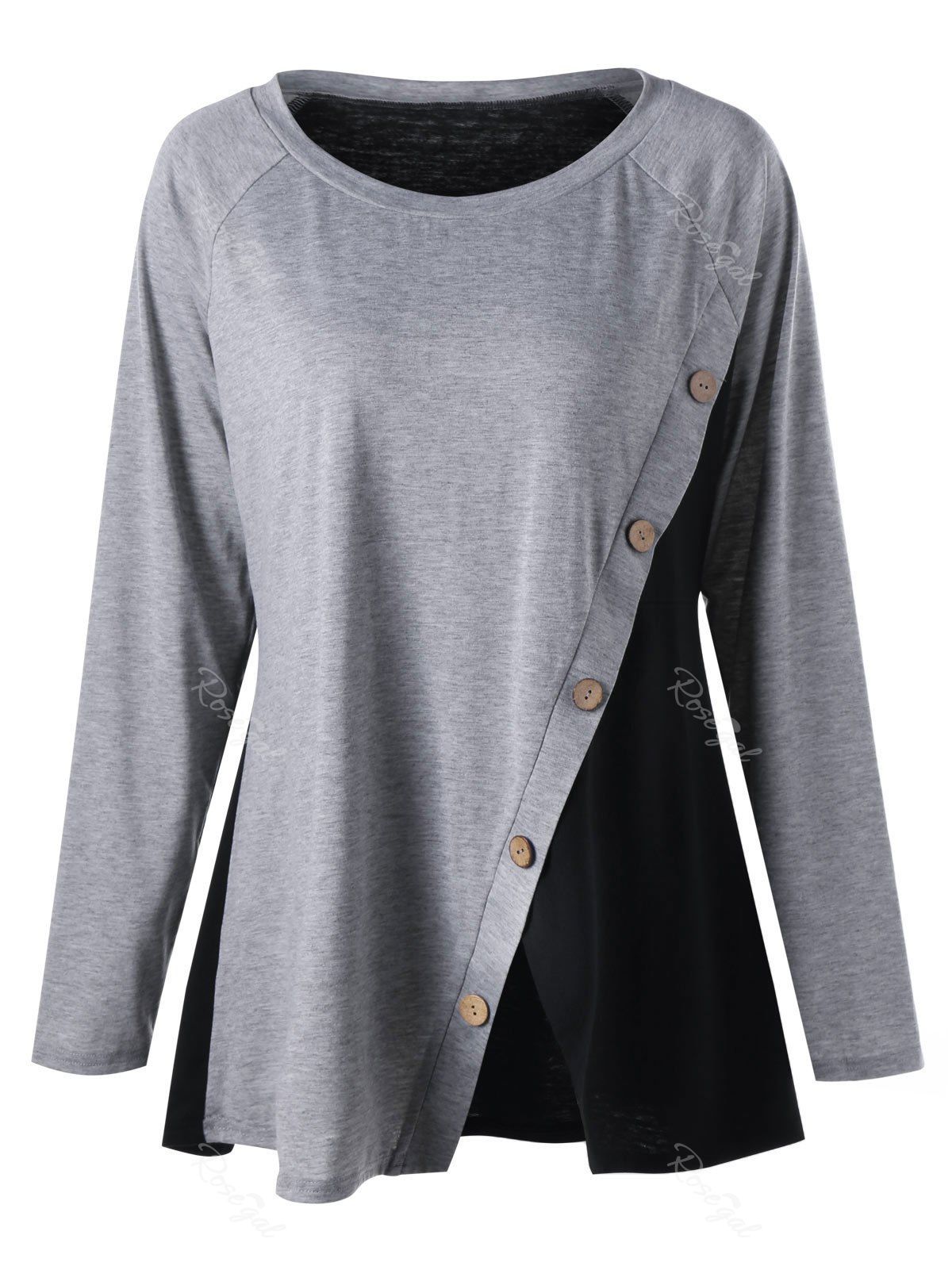 

Plus Size Button Decorated Two Tone Top, Gray