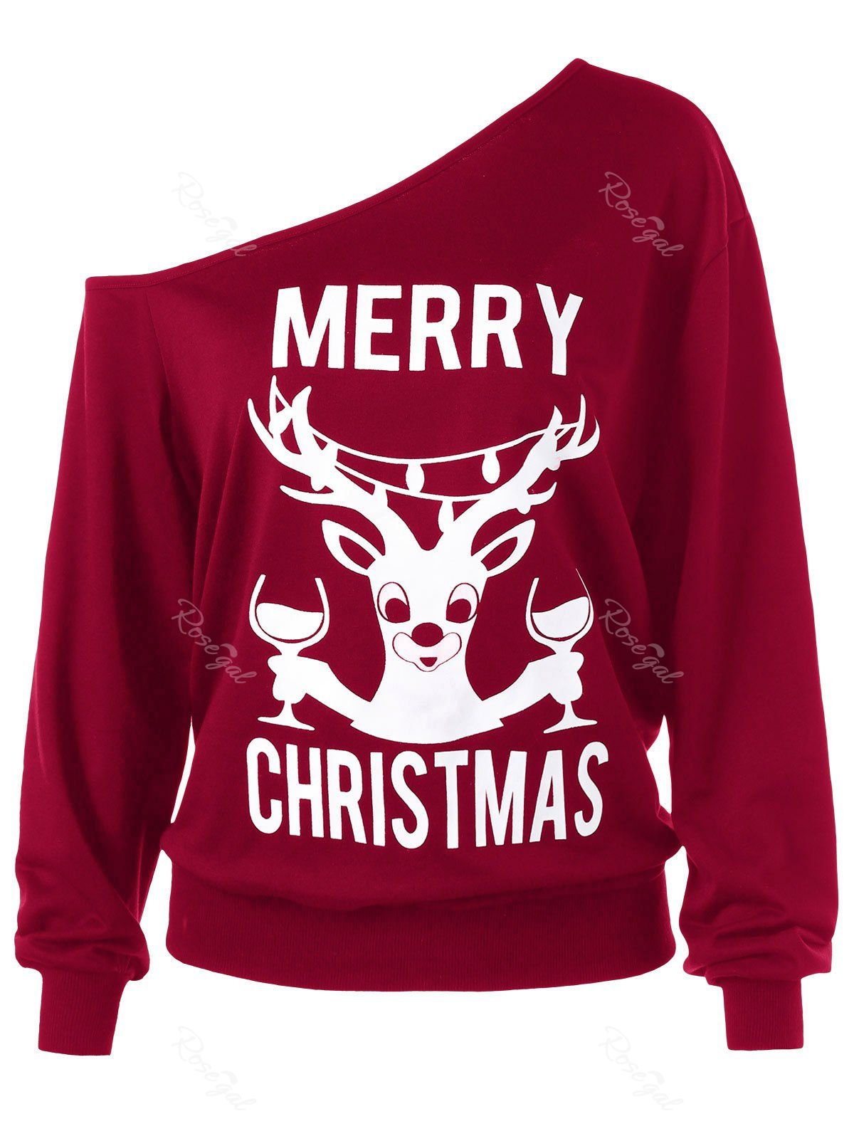 

Plus Size Skew Collar Merry Christmas Sweatshirt, Deep red