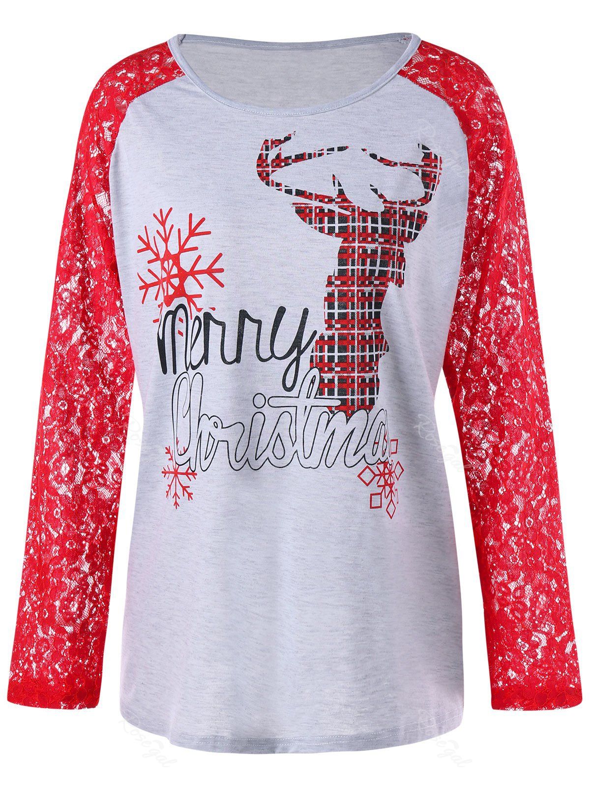 

Christmas Plus Size Lace Panel Raglan Sleeve Tee, Red