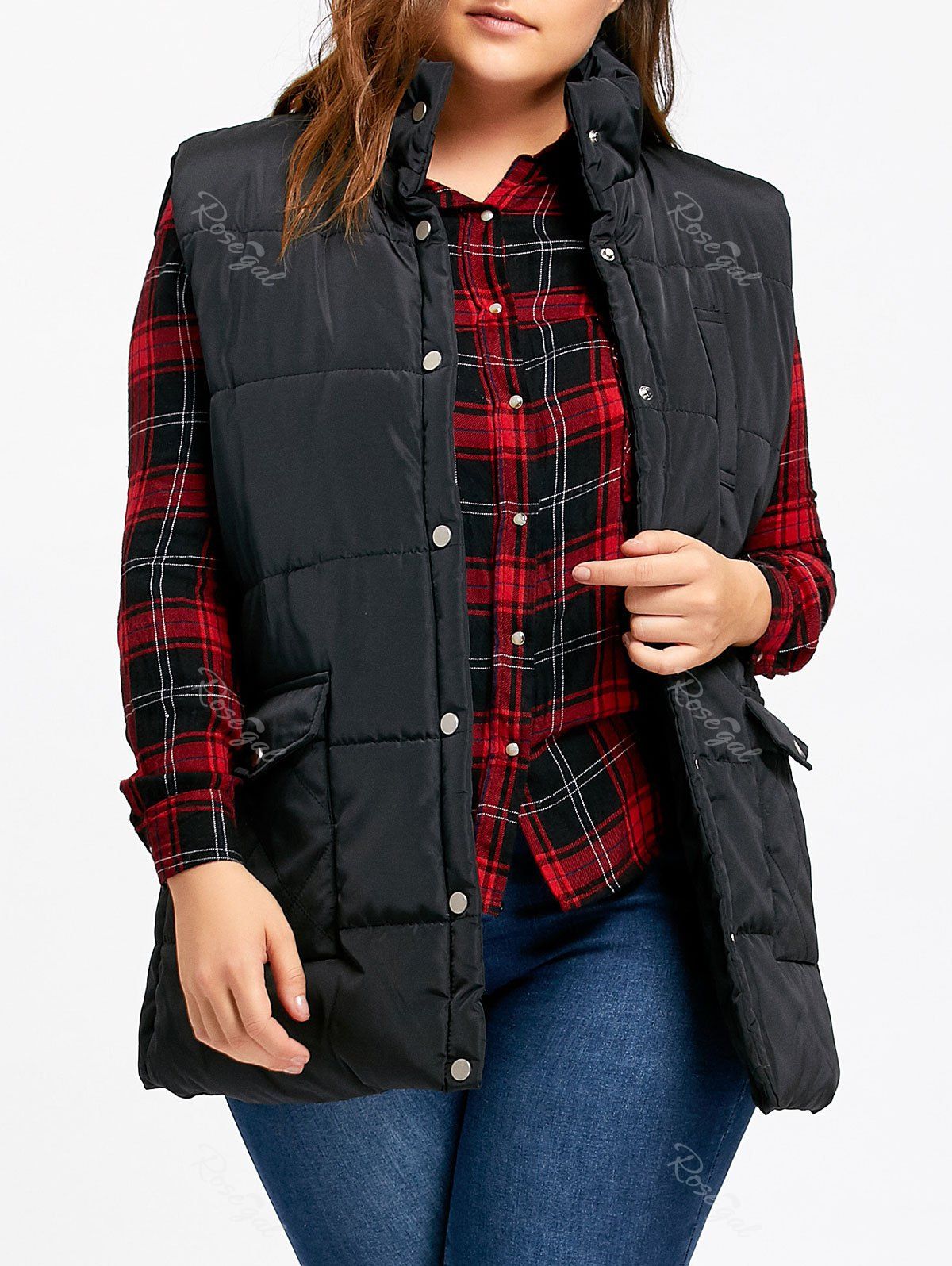 

Button Up Plus Size Cotton Padded Vest, Black