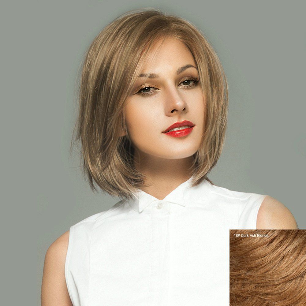 

Side Parting Short Straight Bob Lace Front Human Hair Wig, Dark ash blonde