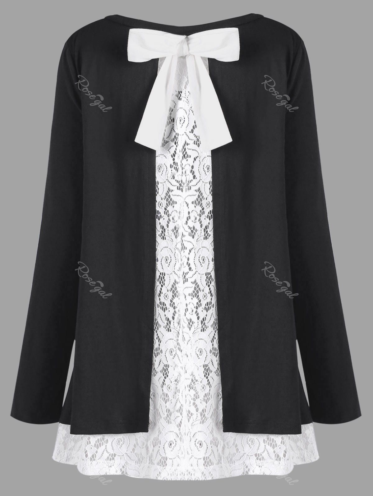 

Plus Size Bowknot Embellished Lace Trim Top, White and black