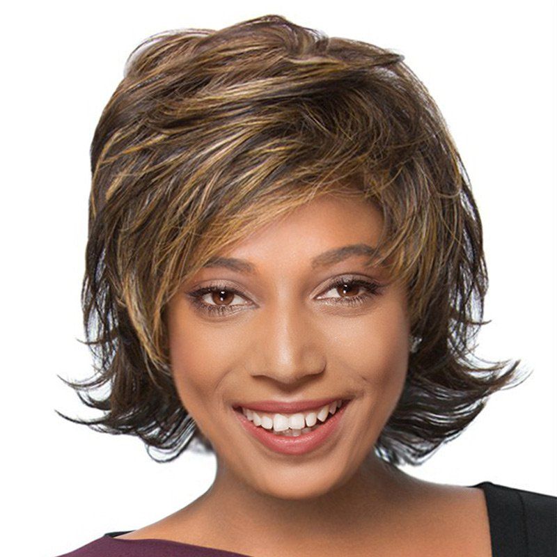 

Short Side Bang Fluffy Tail Upwards Natural Straight Human Hair Wig, Colormix