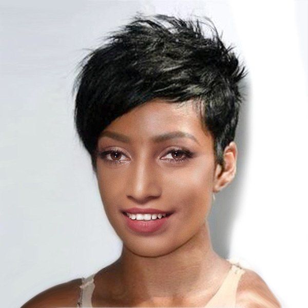 

Ultra Short Inclined Bang Layered Straight Pixie Synthetic Wig, Jet black 01#