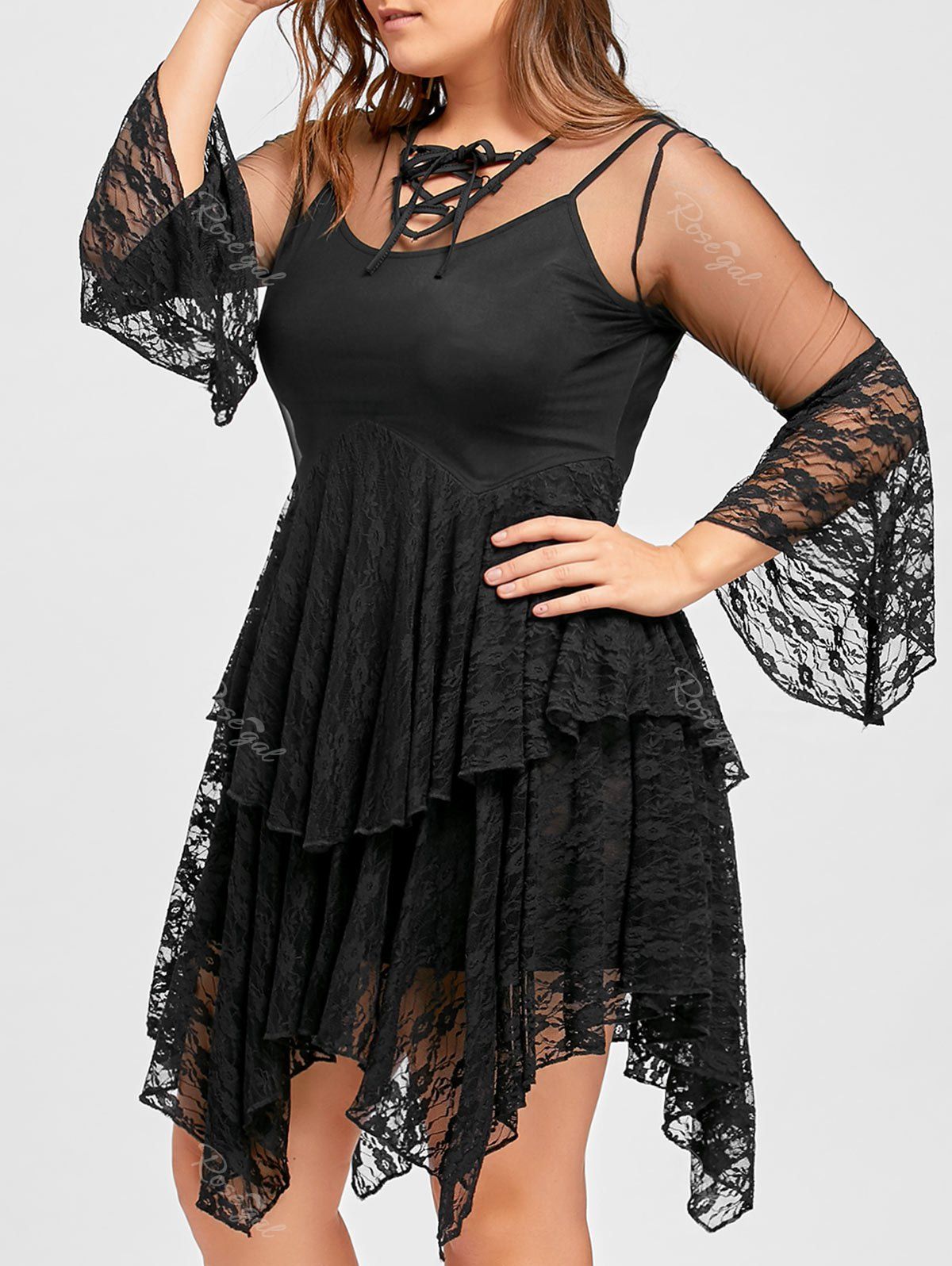 

Plus Size Ruffles Tiered Sheer Lace Gothic Dress, Black