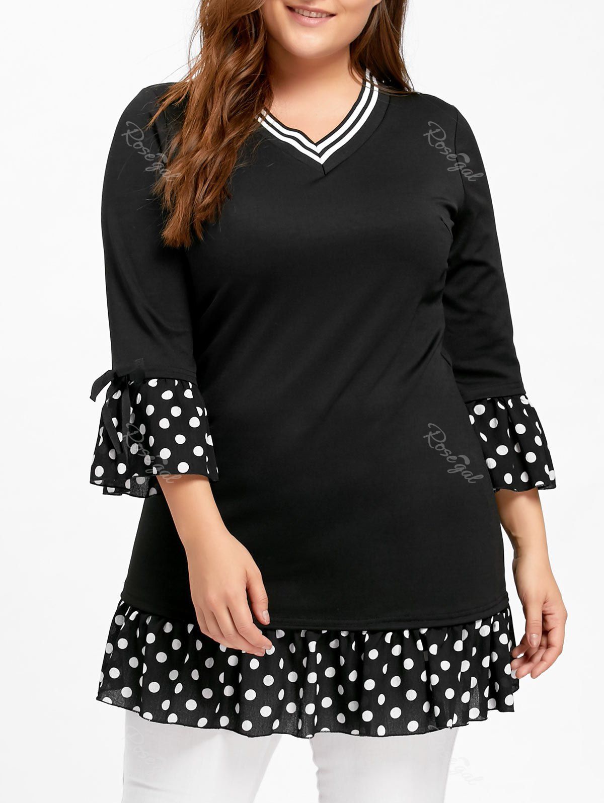 

Plus Size Polka Dot Trim Ruffle Tunic Top, Black