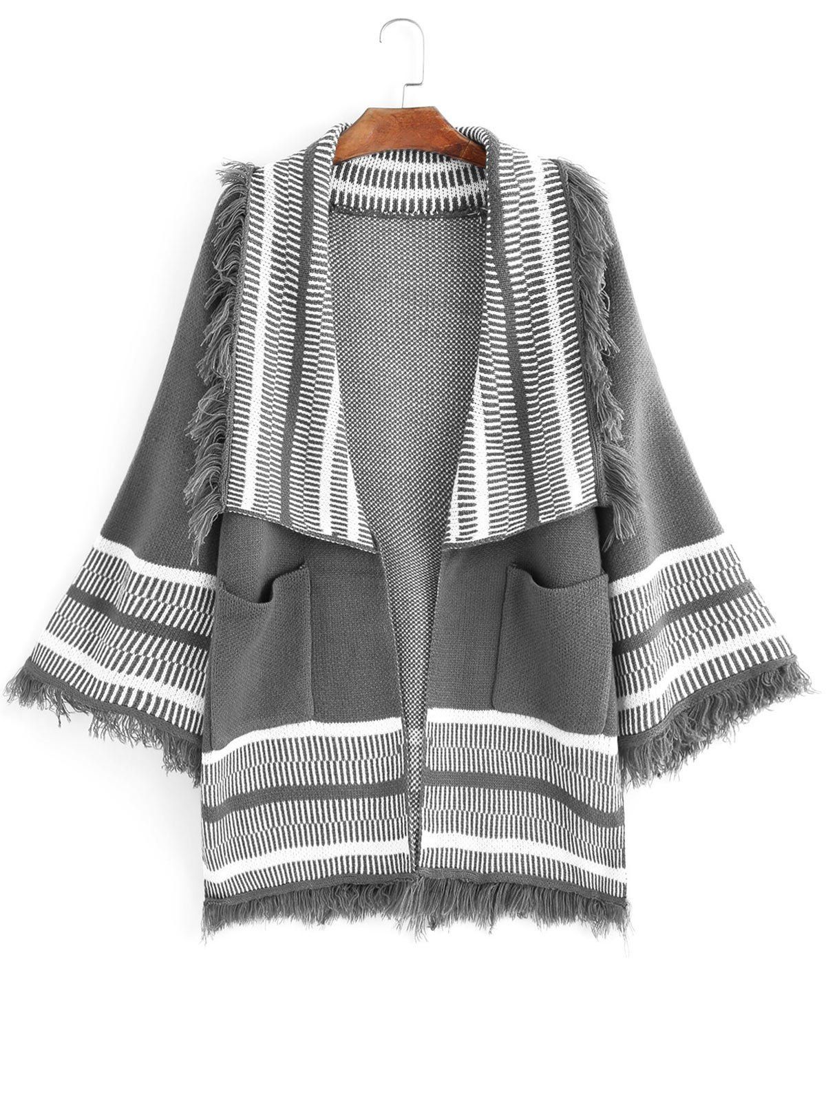 

Fringed Open Front Stripes Panel Cardigan, Gray