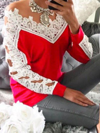 

Crochet Lace Panel Blouse, Red
