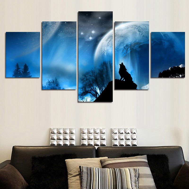 

Night Sky Wolf Howl Print Unframed Split Canvas Paintings, Blue
