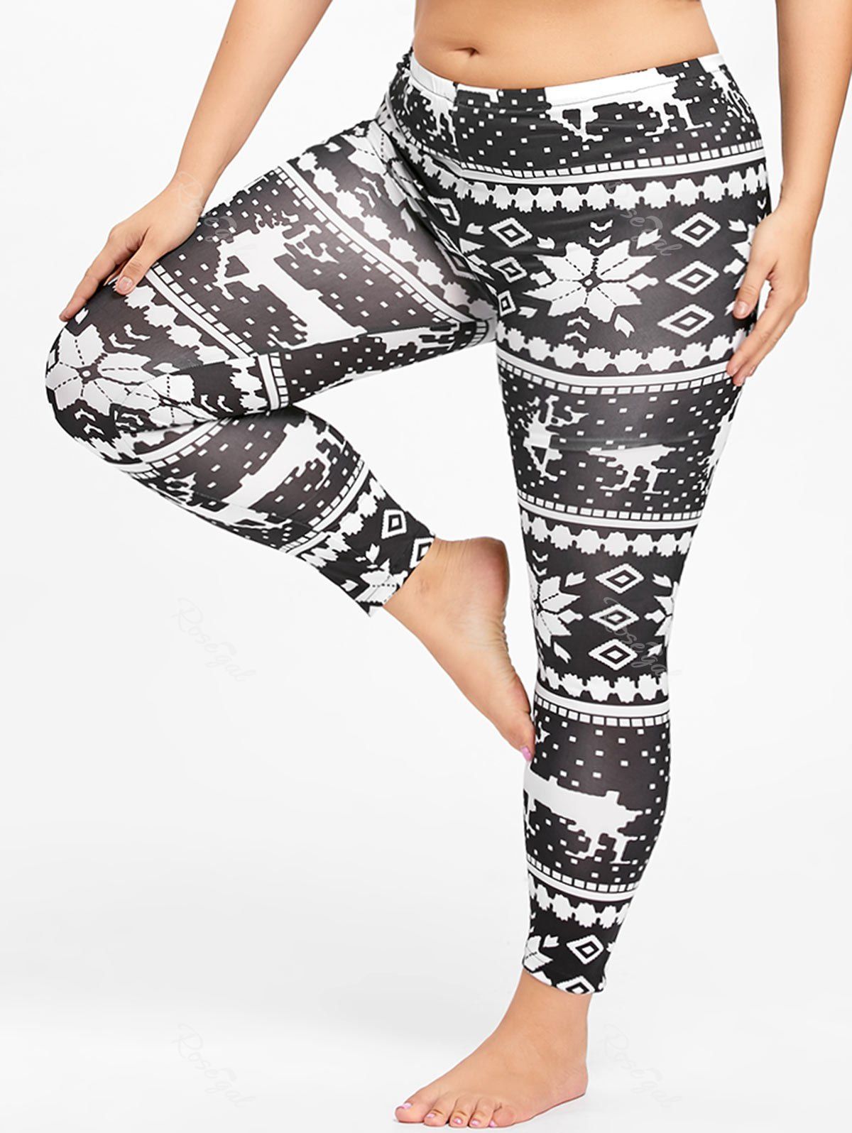 

Plus Size Christmas Fairies Deer Printed Slim Pants, Black white