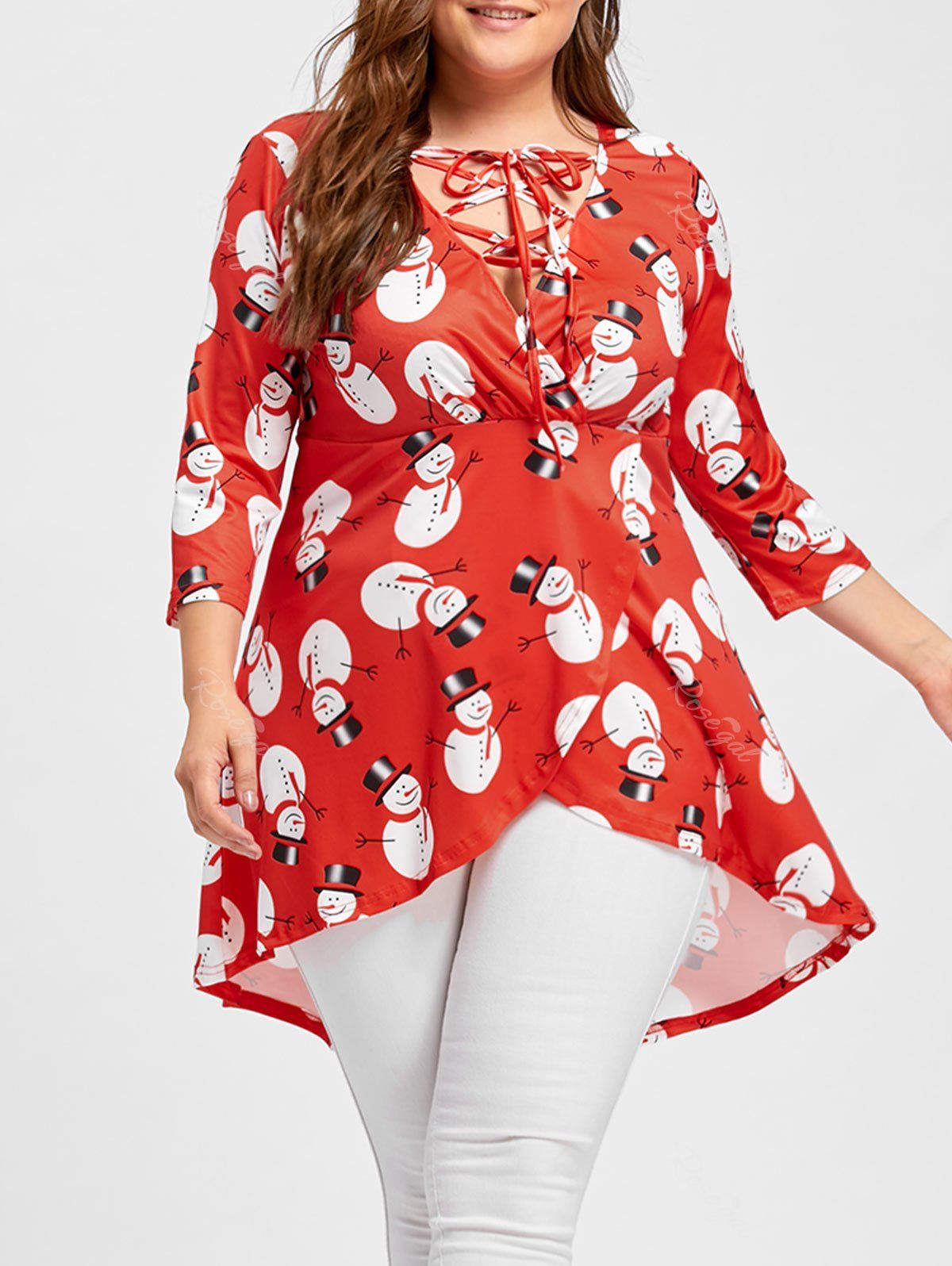 

Christmas Snowman High Low Lace Up Plus Size Tee, Red