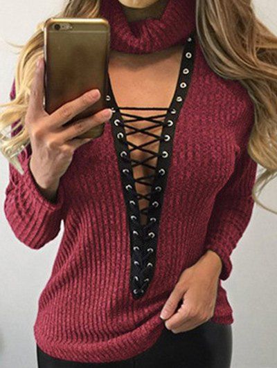 

Lace Up Plunging Neck Sweater, Wine red