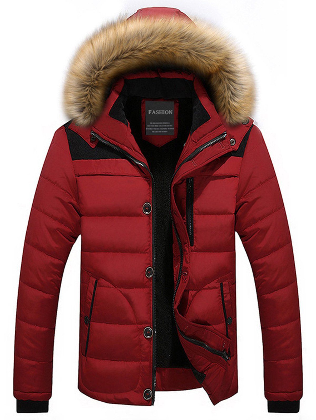 

Hooded Puffer Jacket with Faux Fur Trim, Red