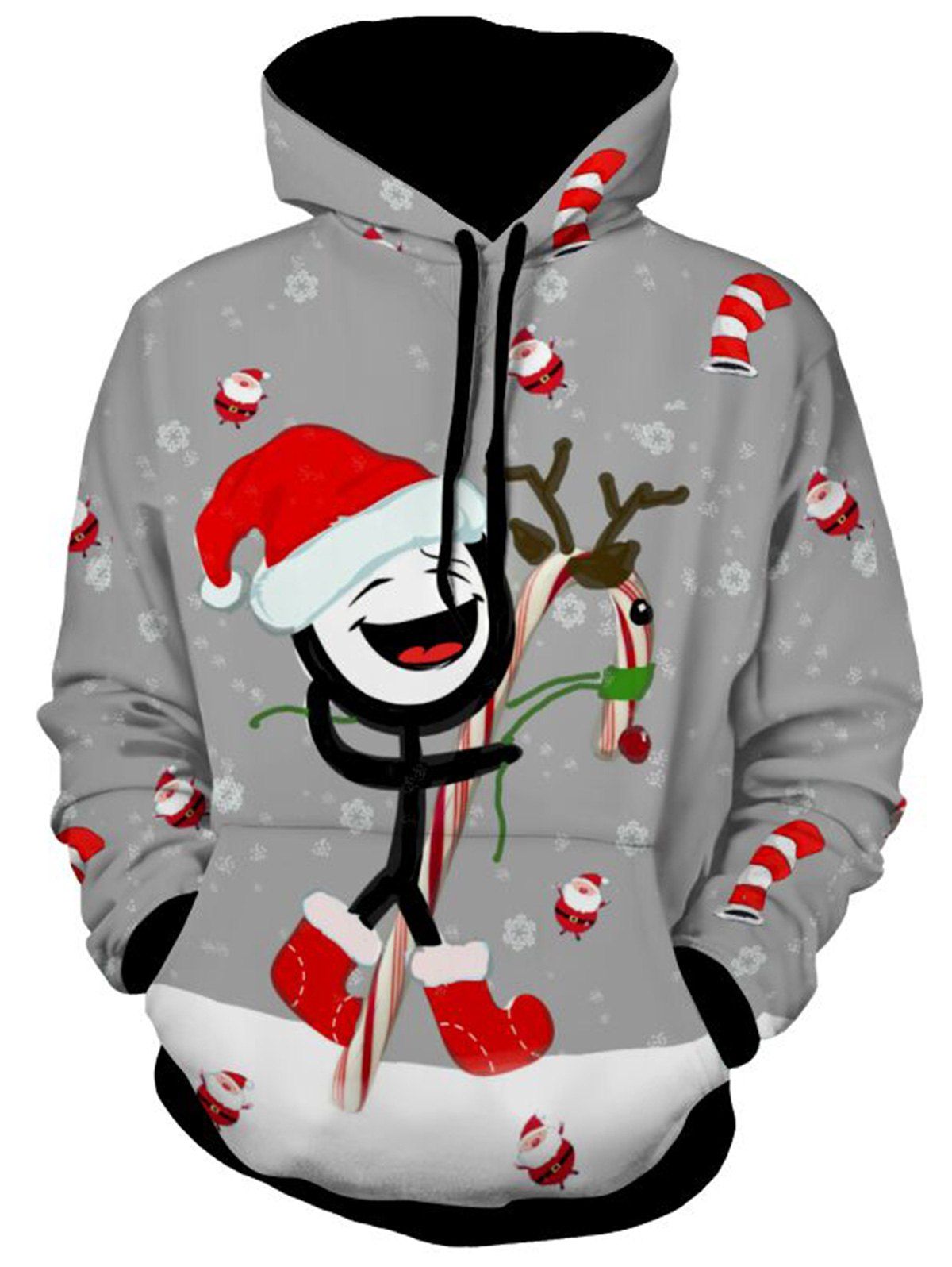 

Printed Kangaroo Pocket Pullover Christmas Hoodie, Gray