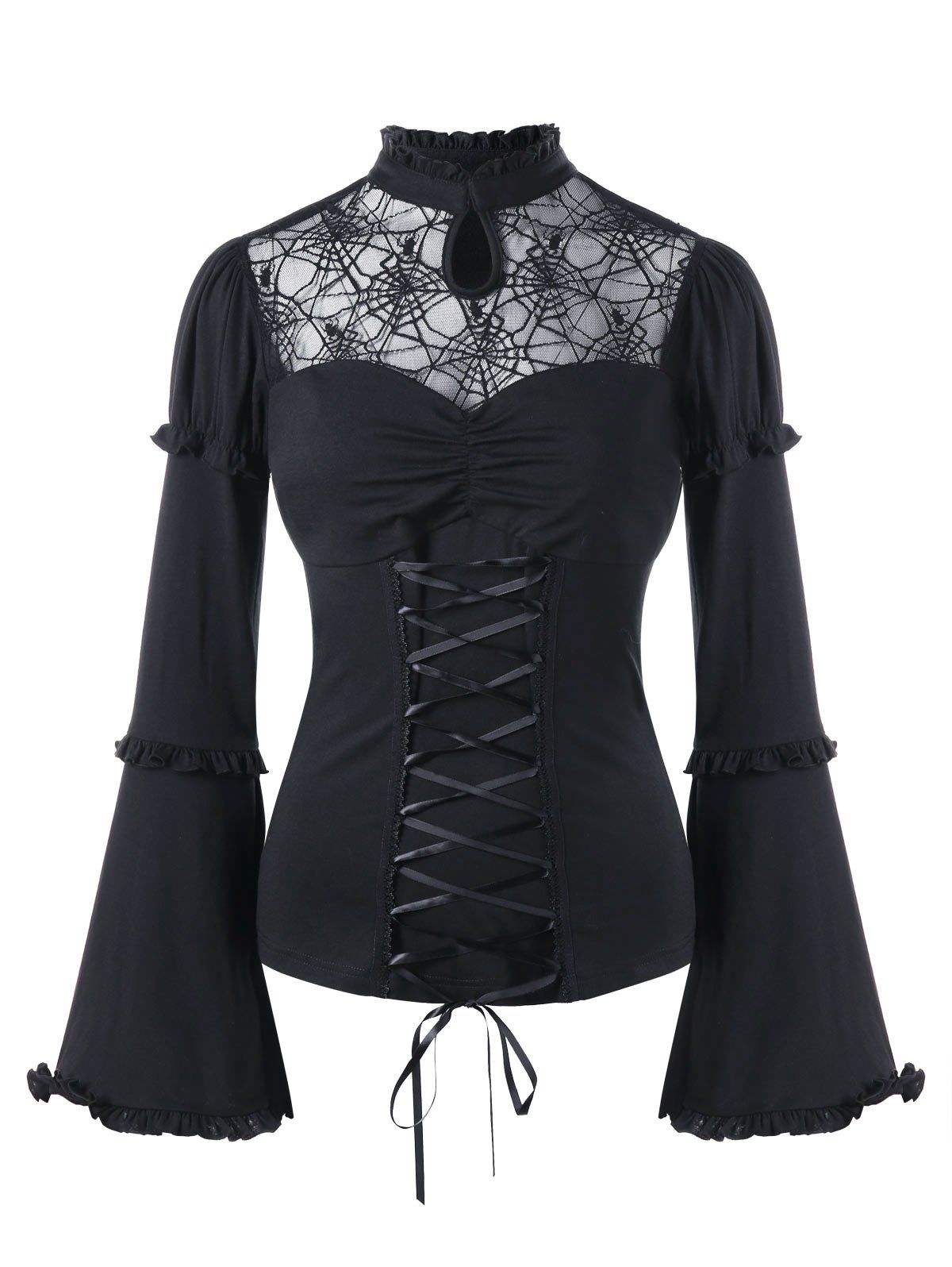 

Halloween Sheer Lace Up Flare Sleeve Top, Black