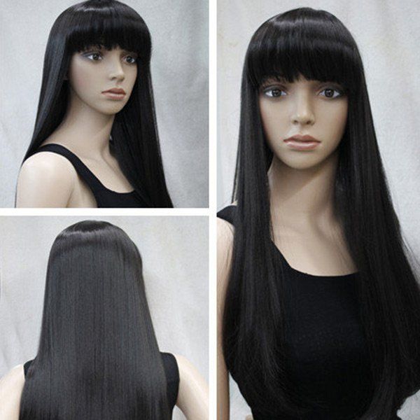 

Long Neat Bang Straight Synthetic Wig, Black