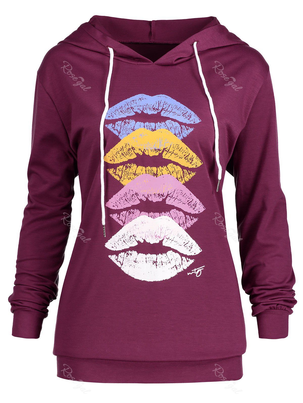 

Plus Size Colorful Lips Mouth Graphic Hoodie, Purple
