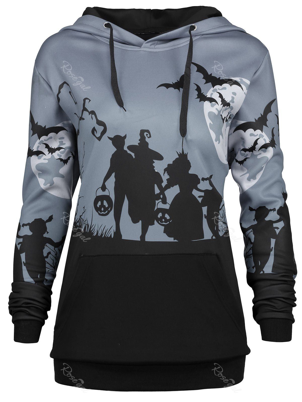 

Plus Size Halloween Bat Moon Print Hoodie with Pocket, Gray