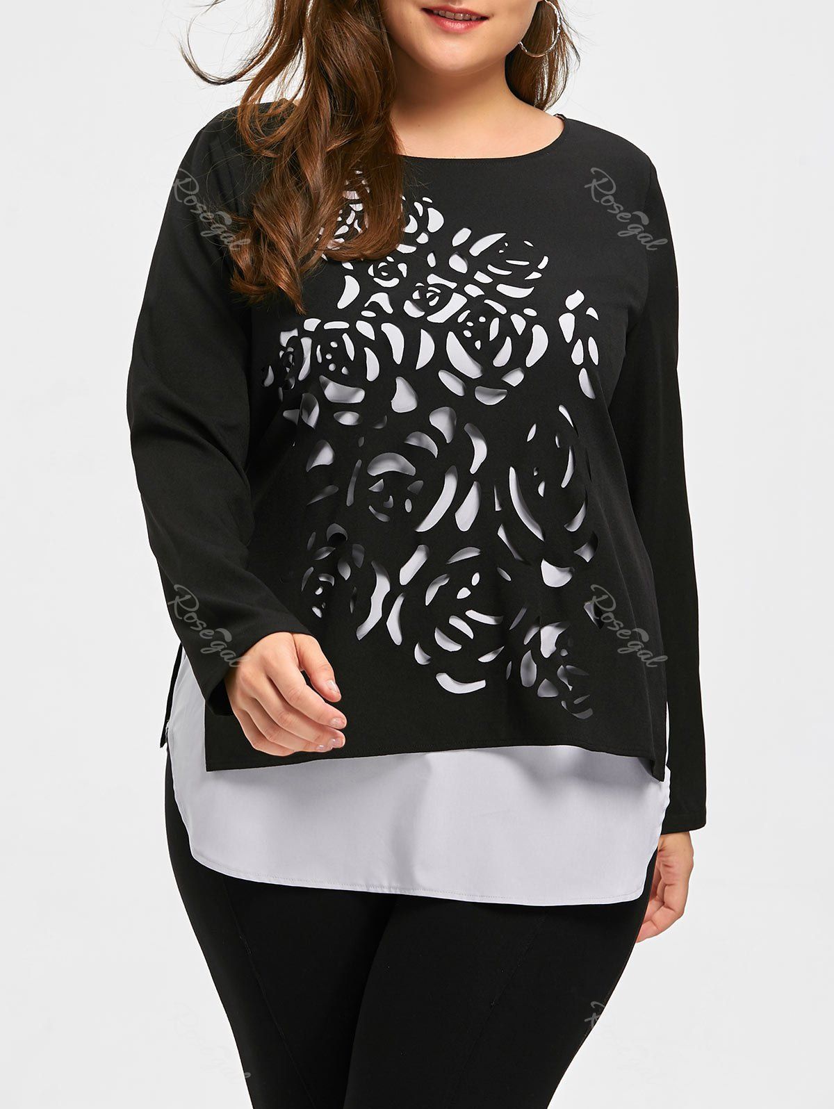 

Plus Size Two Tone Cutwork Tunic Top, Black