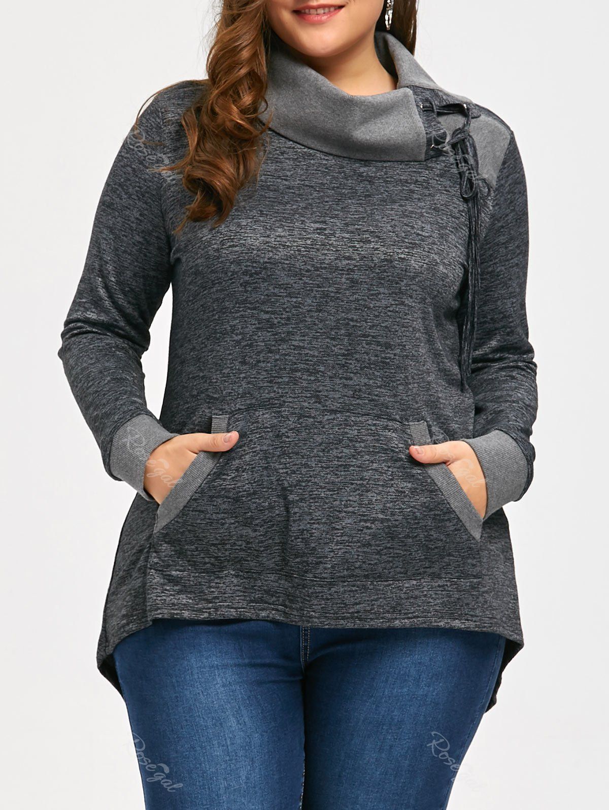 

Plus Size Marled Lace Up Kangaroo Pocket Sweatshirt, Dark heather gray