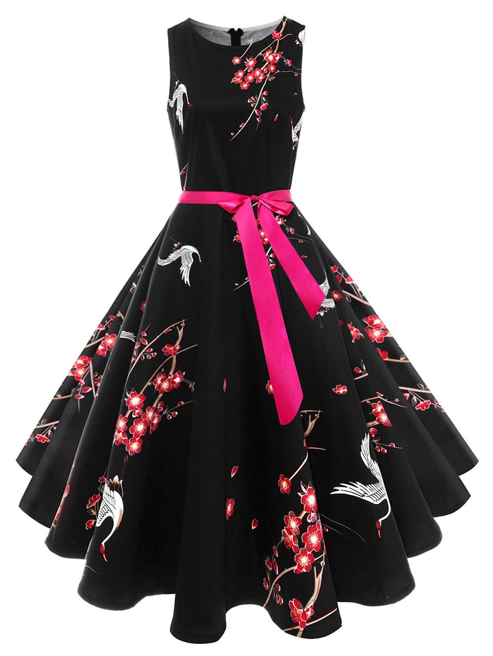

Vintage Crane Floral Print Skater Pin Up Dress, Black