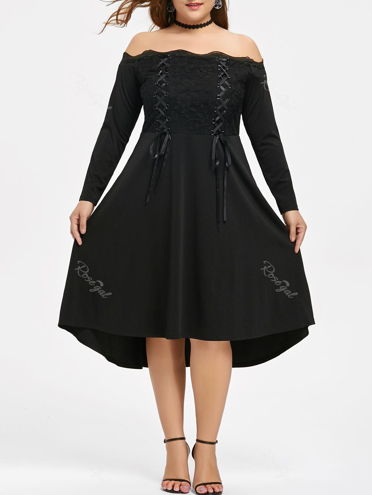 

Lace Trim Plus Size Lace-up Off Shoulder Dress, Black