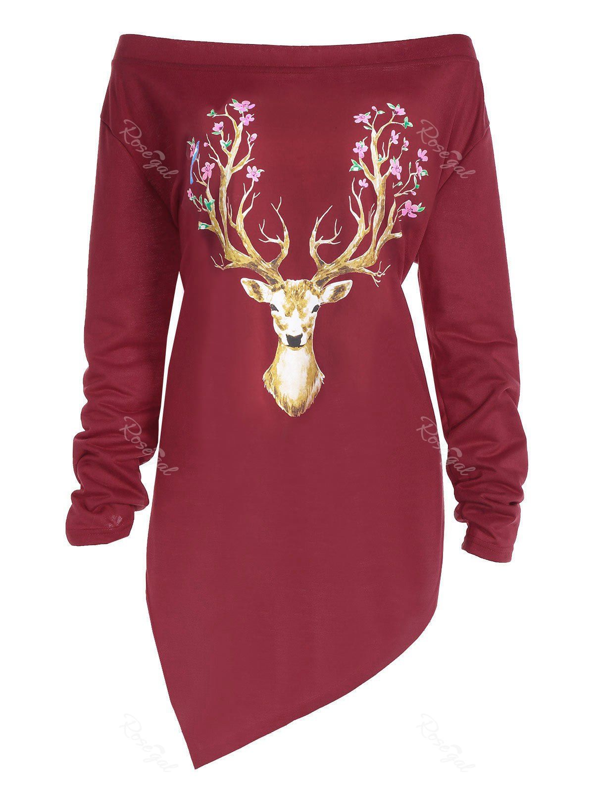 

Plus Size Asymmetrical Christmas Elk Print Tee, Red