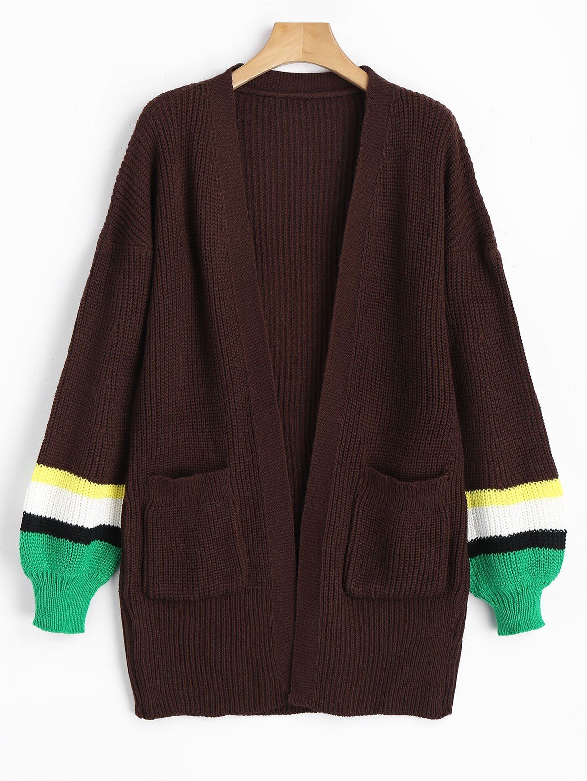 

Contrasting Lantern Sleeve Open Front Cardigan, Coffee