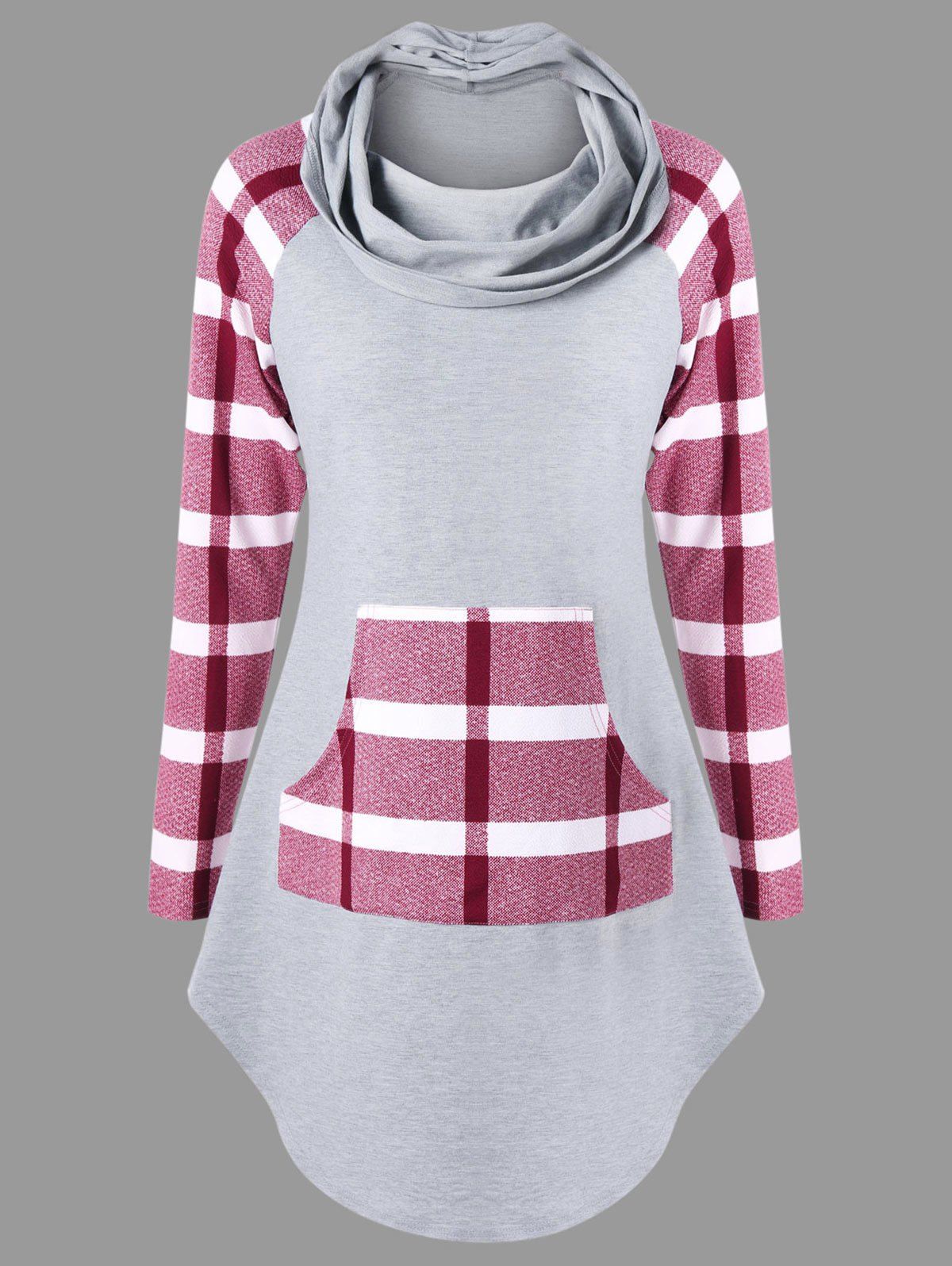 

Kangaroo Pocket Plaid Cowl Neck Top, Gray and red