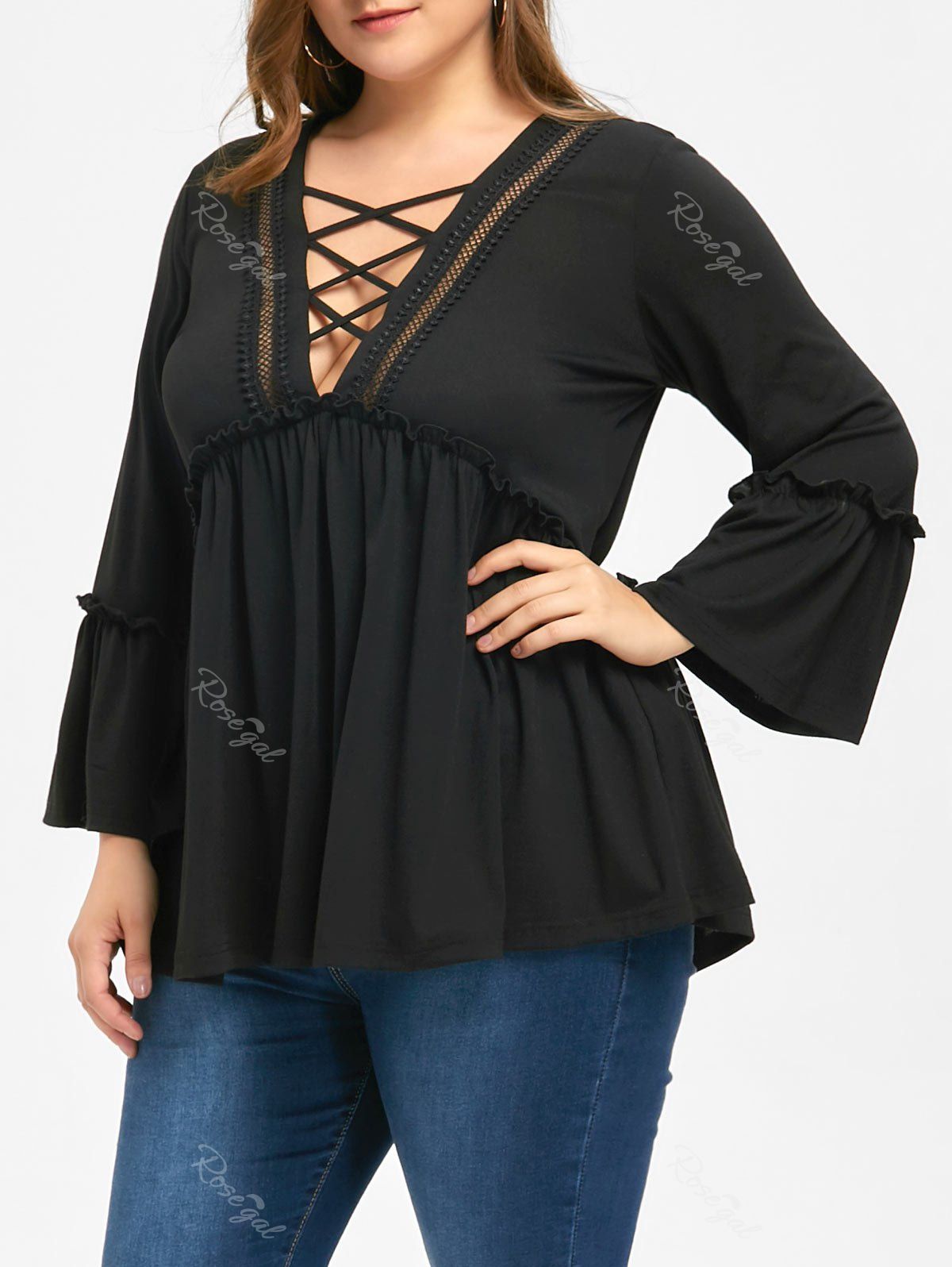 

Plus Size Lattice Neck Flare Sleeve Flounced Blouse, Black